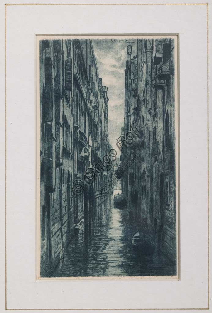 Assicoop - Unipol Collection: "A Canal in Venice", etching  on paper, by Giuseppe Miti Zanetti (1859 - 1929).