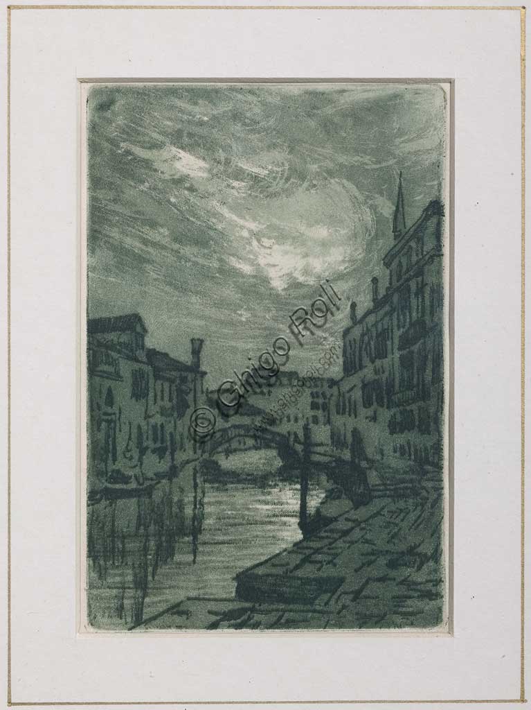 Assicoop - Unipol Collection: "A Canal in Venice", etching  on white paper, by Giuseppe Miti Zanetti (1859 - 1929).