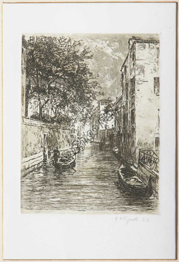Assicoop - Unipol Collection: "A canal in Venice", etching  on white paper, by Giuseppe Miti Zanetti (1859 - 1929).