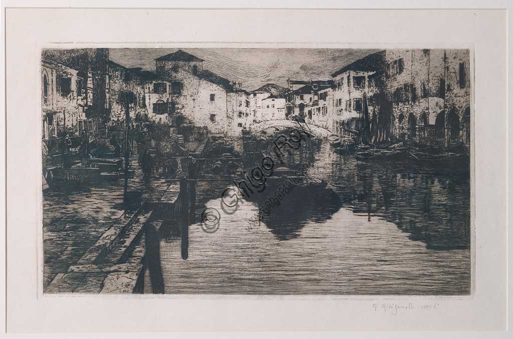 Collezione Assicoop - Unipol: "Canale della Pescheria a Chioggia", acquaforte su carta bianca, di Giuseppe Miti Zanetti (1859 - 1929).
