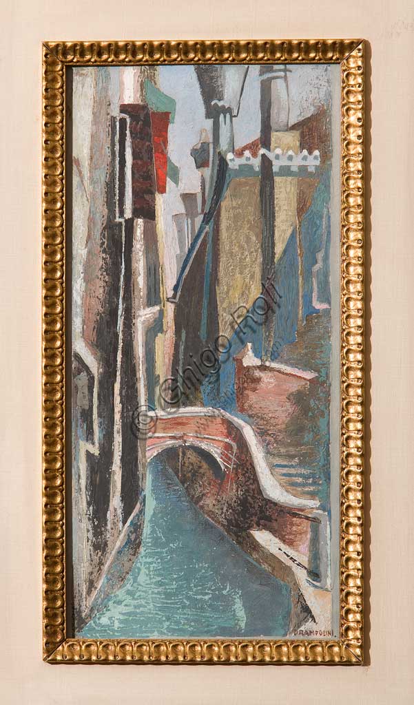 Assicoop - Unipol Collection: Enrico Prampolini (1894-1956), "A Canal in Venice". Tempera on cardboard, cm. 34x16.