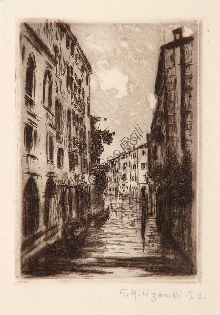 Collezione Assicoop - Unipol: "Canale veneziano", acquaforte su carta bianca, di Giuseppe Miti Zanetti (1859 - 1929).