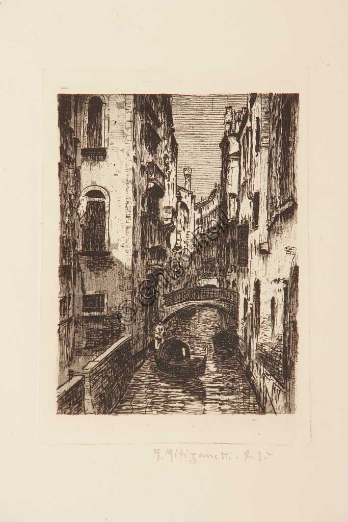 Collezione Assicoop - Unipol: "Canale veneziano", acquaforte su carta bianca, di Giuseppe Miti Zanetti (1859 - 1929).
