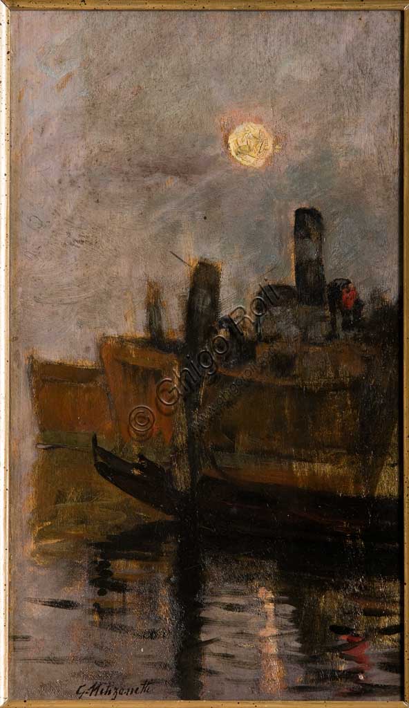 Collezione Assicoop Unipol:  Giuseppe Miti Zanetti, "Canale veneziano", olio su cartone.