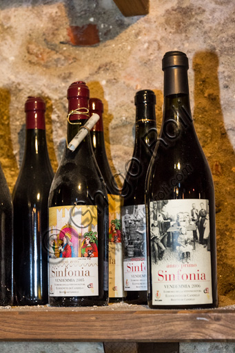 Candelo, Ricetto, Eco Museo, la sala dedicata alla vitivinicoltura: bottiglie di vino locale.