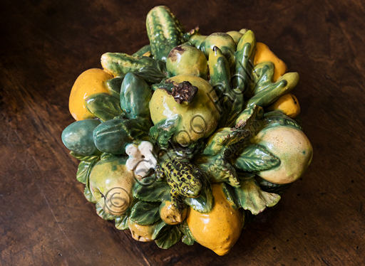   "Basket with flowers and fruit", by Giovanni della Robbia's workshop, first quarter of the XVI century,  polychrome glazed terracotta.