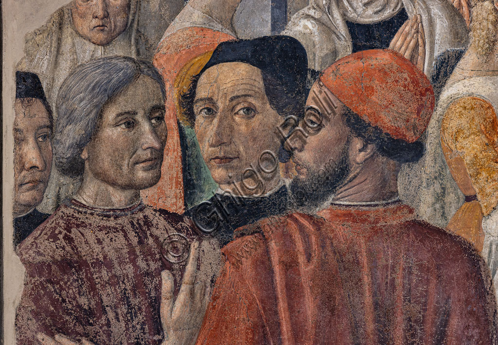 Chapel of the Miracle of the Sacrament: the character who looks at the observer is a "Self-portrait of Cosimo Rosselli", detail of the frescoes by Cosimo Rosselli (1484- 1488).Florence, Church of St. Ambrose.