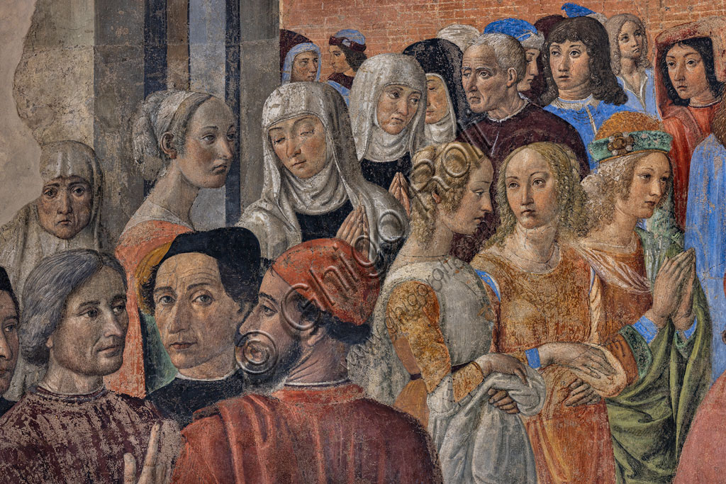 Chapel of the Miracle of the Sacrament: the character who looks at the observer is a "Self-portrait of Cosimo Rosselli", detail of the frescoes by Cosimo Rosselli (1484- 1488).Florence, Church of St. Ambrose.