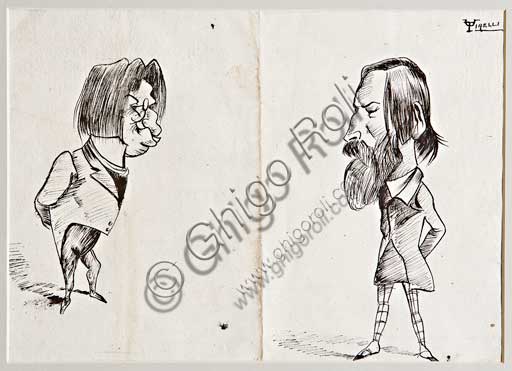 Assicoop - Unipol Collection: Umberto Tirelli (1871 - 1954) , "Caricatures", Indian ink drawing, cm 18 X 25.