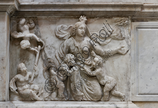 Genoa, Duomo (St. Lawrence Cathedral),  interior, southern arm of the transept, Altar of St. Joseph: "Charity", by Genoa workshop (XVI century).