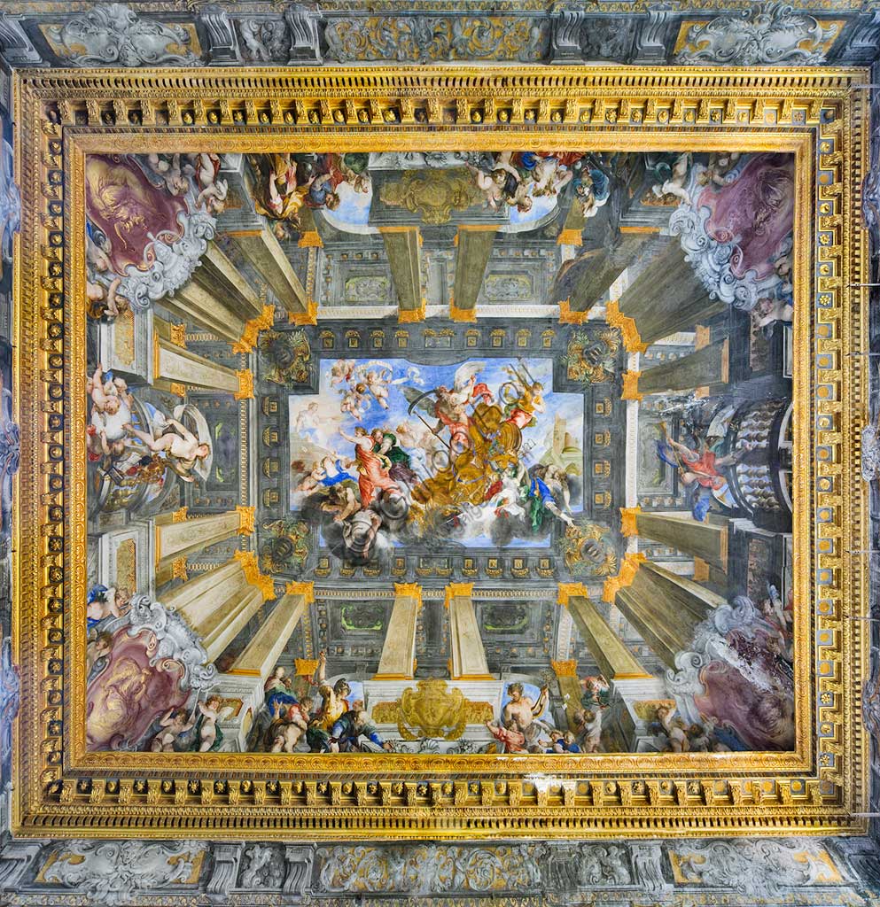 Genova, Palazzo Balbi Senarega, Salone (II piano), la volta dipinta come finta sala a colonne: "Il carro del Tempo e le quattro età della vita dell'uomo". Affresco di Valerio Castello e Andrea Sighizzi, 1657/58.Patrimonio mondiale dell'Umanità UNESCO.