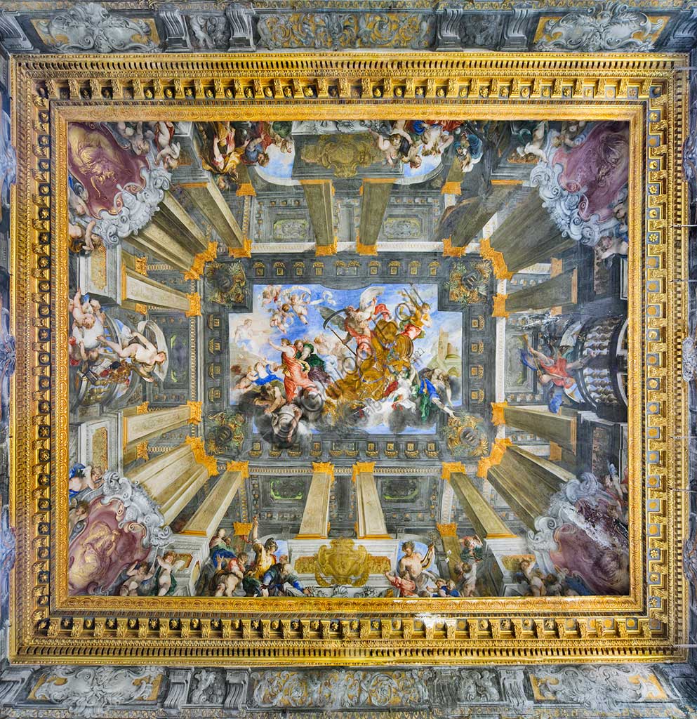 Genoa, Palazzo Balbi Senarega, the Hall on the second floor: the vault painted as a false hall with columns  "The Chariot of the Time and the four ages of Man", fresco by Valerio Castello e Andrea Sighizzi, 1657/58.World Heritage UNESCO.