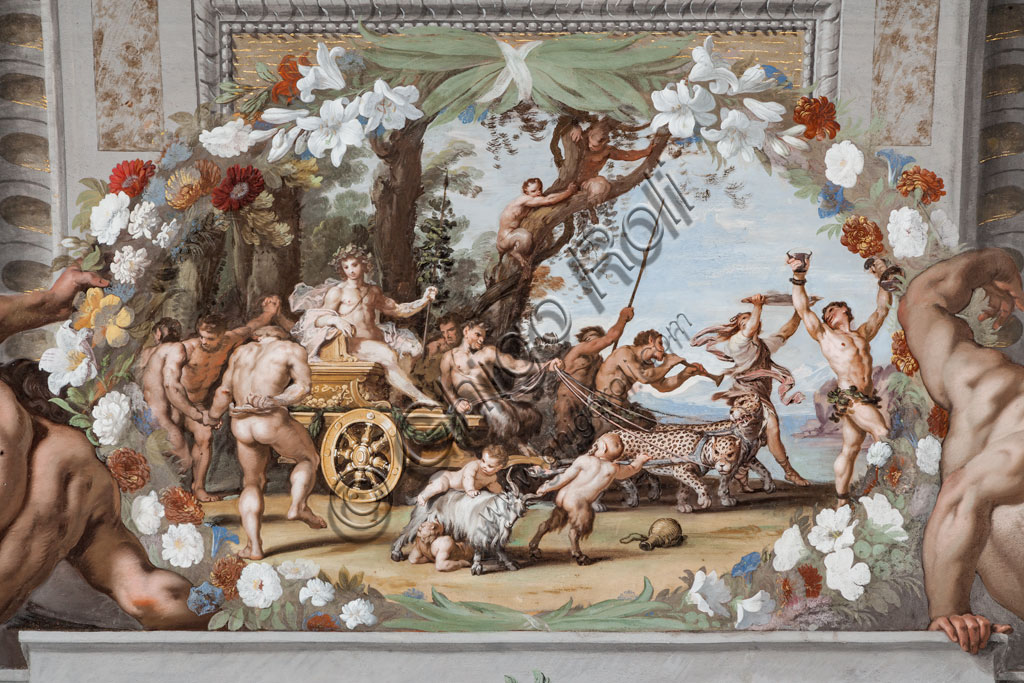 Sassuolo, Este Ducal Palace, the Bacchus Gallery, ceiling: "The triumphal chariot of Bacchus", pulled by Panthers and accompanied by Sileni and Bacchantes. Wall tempera painting by Jean Boulanger, 1650 - 52.