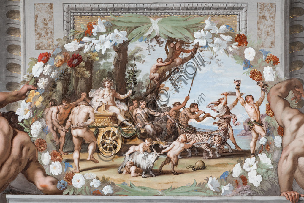 Sassuolo, Palazzo Ducale Estense, Galleria di Bacco, soffitto: "Il carro trionfale di Bacco", trainato da Pantere e accompagnato da Sileni e Baccanti. Dipinto murale a tempera, di Jean Boulanger, 1650 - 52.