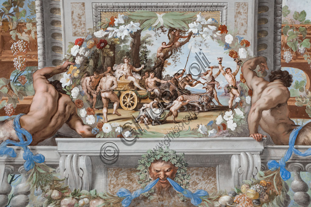 Sassuolo, Este Ducal Palace, the Bacchus Gallery, ceiling: "The triumphal chariot of Bacchus", pulled by Panthers and accompanied by Sileni and Bacchantes. Wall tempera painting by Jean Boulanger, 1650 - 52.