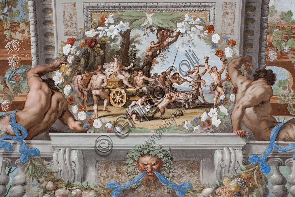 Sassuolo, Este Ducal Palace, the Bacchus Gallery, ceiling: "The triumphal chariot of Bacchus", pulled by Panthers and accompanied by Sileni and Bacchantes. Wall tempera painting by Jean Boulanger, 1650 - 52.