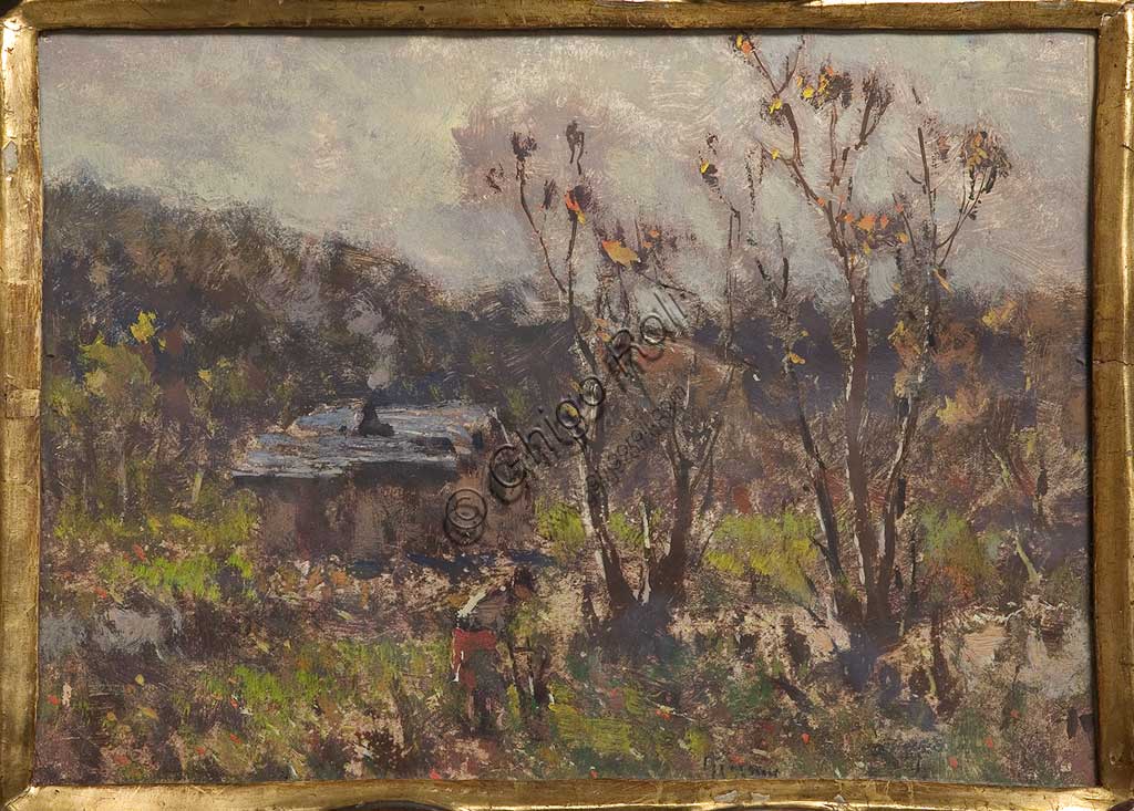 Collezione Assicoop - Unipol: Lorenzo Gignous (1862 - 1958), "Cascina",  olio e tempera su carta.