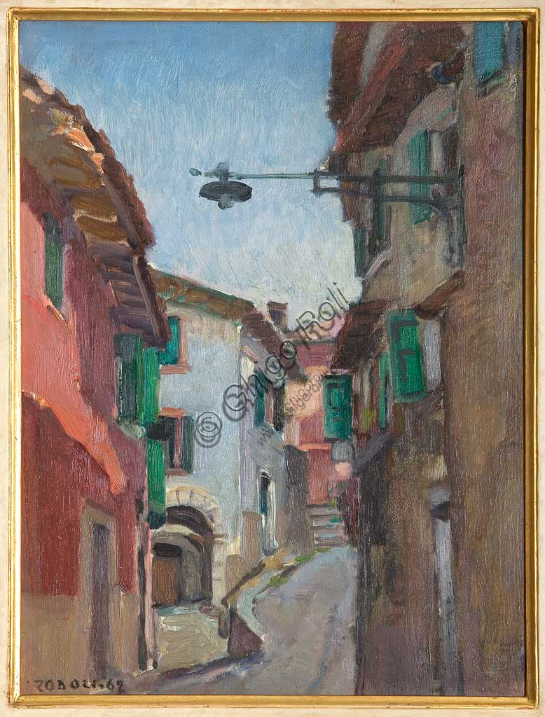 Collezione Assicoop - Unipol: "Case a Castelletto del Garda", olio su compensato, 1962, di Augusto Zoboli (1894 - 1991).