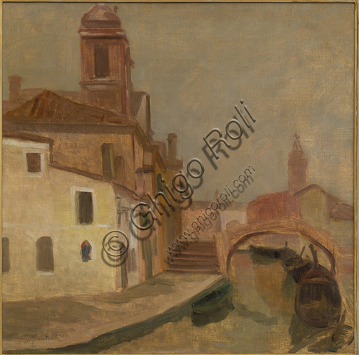 Ugo Martelli (1881 - 1921):  "Case con chiesa a Chioggia" olio su tela, cm 60 X 60.