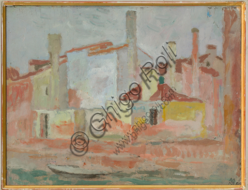 Mario Vellani Marchi (1895 - 1979): "Case in Rio Giudecca"; olio su compensato, cm 23 x 30.