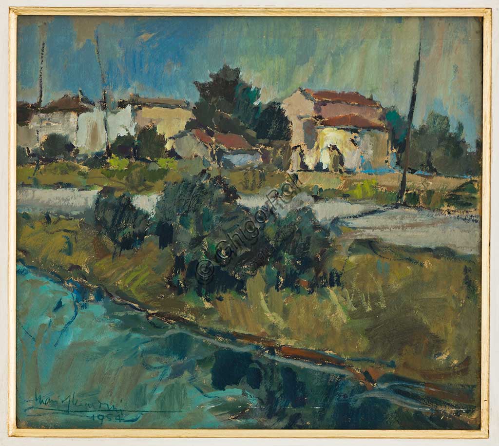 Assicoop - Unipol Collection: Mario Gherardini (1906-1956); "Houses on the Canal at Villa Rainusso"; oil on canvas, 40,5 x 45. Recto.