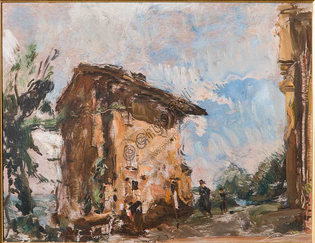 Assicoop - Unipol Collection: Giuseppe Graziosi (1879-1942),"A Farmhouse". Oil on plywood, cm. 54 X 40.