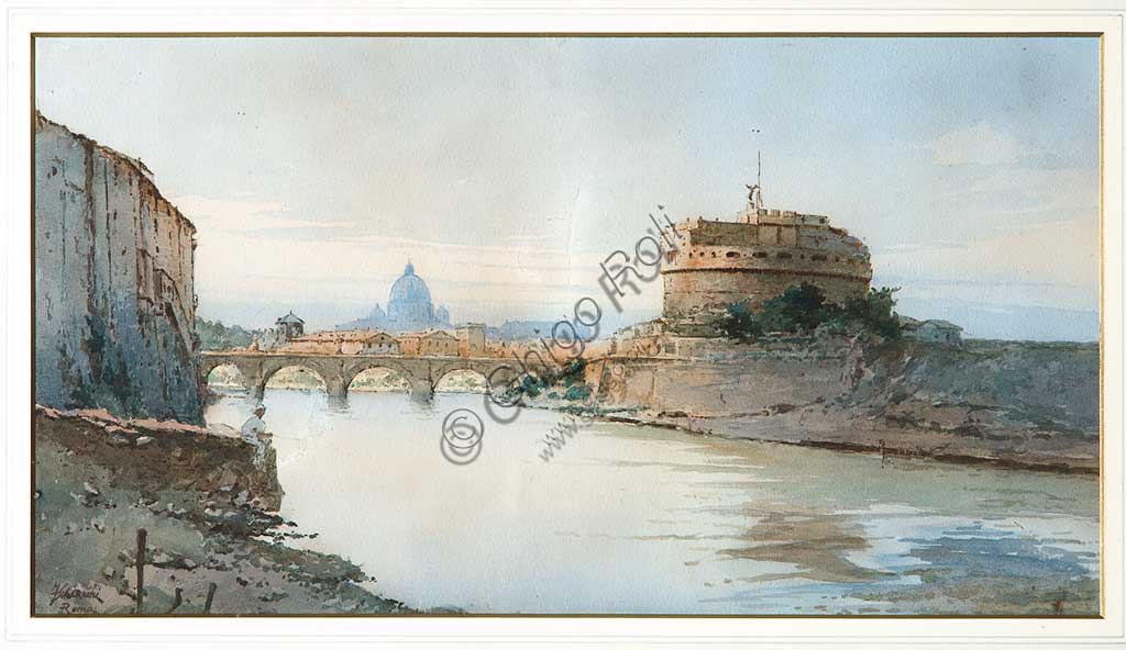 Collezione Assicoop - Unipol: Federico Schianchi (1858-1919), "Castel S. Angelo". Acquerello, cm. 54x37.