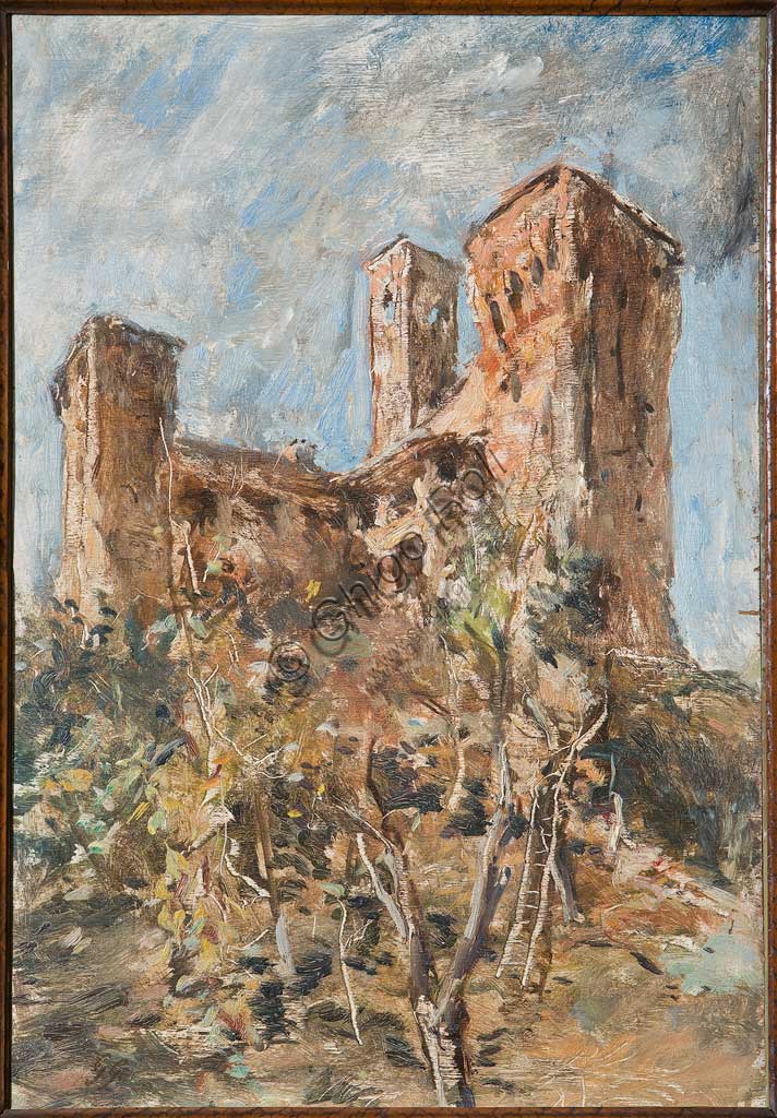 Assicoop - Unipol Collection: Giuseppe Graziosi (1879-1942),"The Castle of Maranello". Oil on plywood, cm.75 x 45.