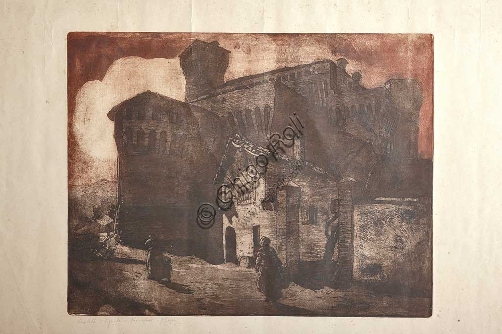 Collezione Assicoop - Unipol: Giuseppe Graziosi (1879-1942), "Il Castello di Vignola", acquaforte e acquatinta su carta, lastra.