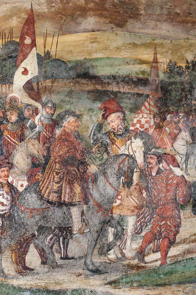 Cavernago, Malpaga Castle or Colleoni Castle, Hall of Honour: cycle of frescoes depicting the visit of Christian I of Denmark to Bartolomeo Colleoni, by Marcello Fogolino, (some historians attribute these frescoes to Romanino), 1474. Detail.