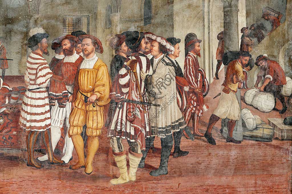 Cavernago, Malpaga Castle or Colleoni Castle, Hall of Honour: cycle of frescoes depicting the visit of Christian I of Denmark to Bartolomeo Colleoni, by Marcello Fogolino, (some historians attribute these frescoes to Romanino), 1474. Detail.