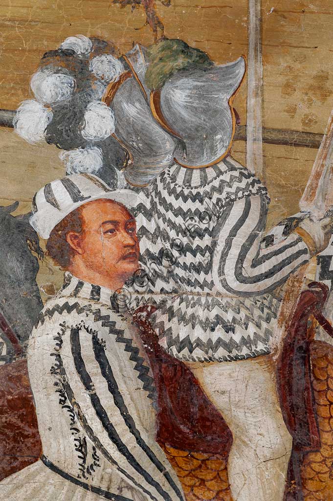 Cavernago, Malpaga Castle or Colleoni Castle, Hall of Honour: cycle of frescoes depicting the visit of Christian I of Denmark to Bartolomeo Colleoni, by Marcello Fogolino, (some historians attribute these frescoes to Romanino), 1474. Detail.