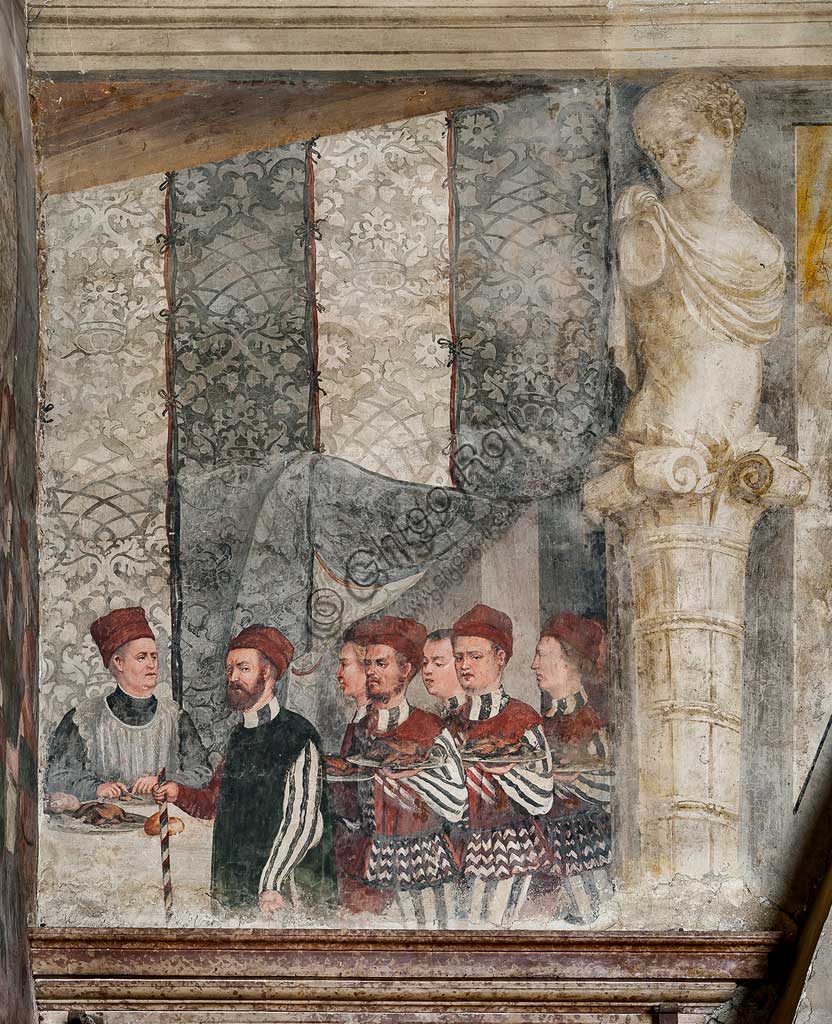 Cavernago, Malpaga Castle or Colleoni Castle, Hall of Honour: cycle of frescoes depicting the visit of Christian I of Denmark to Bartolomeo Colleoni, by Marcello Fogolino, (some historians attribute these frescoes to Romanino), 1474. Detail.