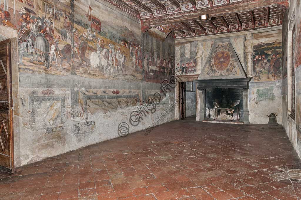 Cavernago, Malpaga Castle or Colleoni Castle, Hall of Honour: cycle of frescoes depicting the visit of Christian I of Denmark to Bartolomeo Colleoni, by Marcello Fogolino, (some historians attribute these frescoes to Romanino), 1474.