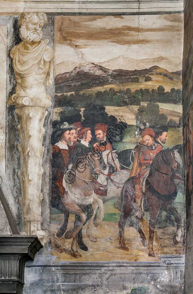 Cavernago, Castello di Malpaga o Castello Colleoni, Salone d'Onore: ciclo di affreschi raffigurante la visita di Cristiano I° di Danimarca a Bartolomeo Colleoni, di Marcello Fogolino, (da alcuni attribuiti al Romanino), 1474 . Particolare.