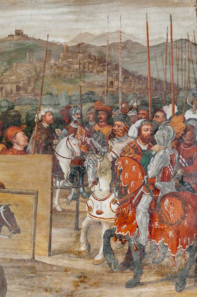 Cavernago, Malpaga Castle or Colleoni Castle, Hall of Honour: cycle of frescoes depicting the visit of Christian I of Denmark to Bartolomeo Colleoni, by Marcello Fogolino, (some historians attribute these frescoes to Romanino), 1474. Detail.