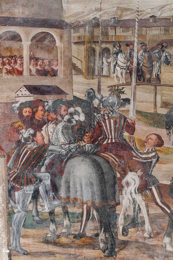 Cavernago, Malpaga Castle or Colleoni Castle, Hall of Honour: cycle of frescoes depicting the visit of Christian I of Denmark to Bartolomeo Colleoni, by Marcello Fogolino, (some historians attribute these frescoes to Romanino), 1474. Detail.