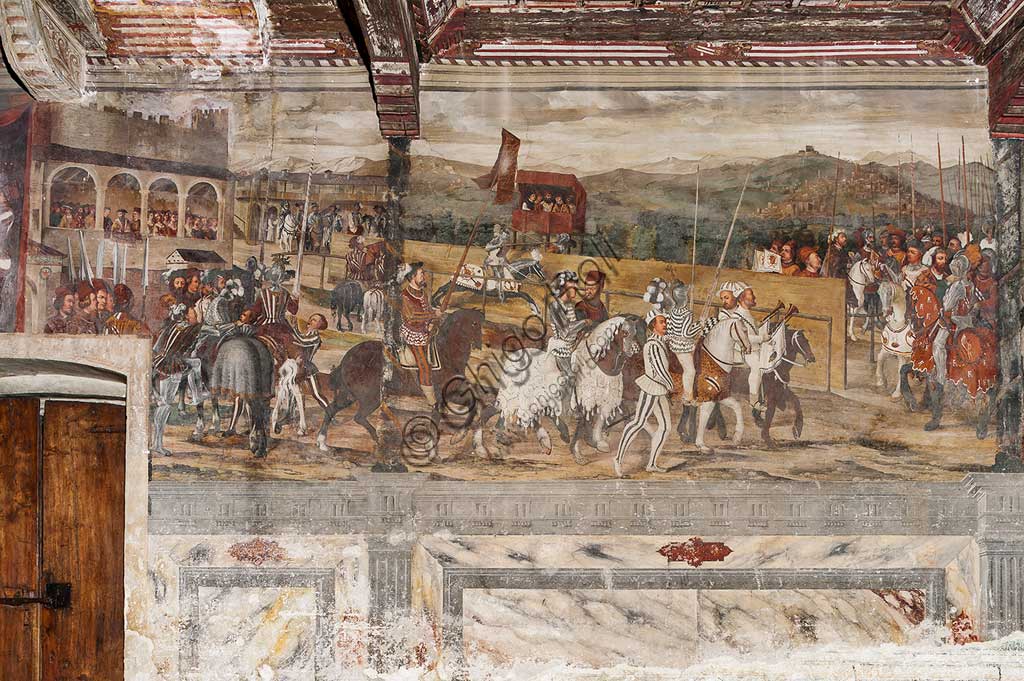 Cavernago, Malpaga Castle or Colleoni Castle, Hall of Honour: cycle of frescoes depicting the visit of Christian I of Denmark to Bartolomeo Colleoni, by Marcello Fogolino, (some historians attribute these frescoes to Romanino), 1474. Detail.