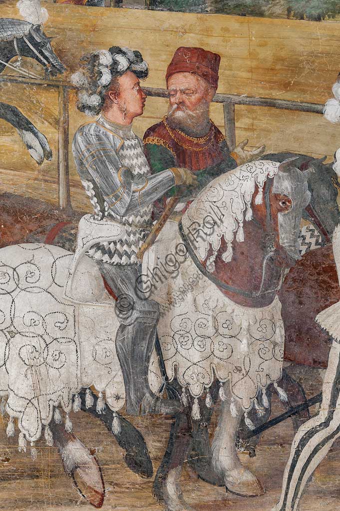Cavernago, Malpaga Castle or Colleoni Castle, Hall of Honour: cycle of frescoes depicting the visit of Christian I of Denmark to Bartolomeo Colleoni, by Marcello Fogolino, (some historians attribute these frescoes to Romanino), 1474. Detail.
