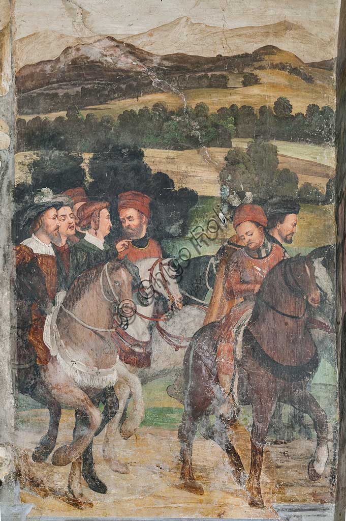 Cavernago, Malpaga Castle or Colleoni Castle, Hall of Honour: cycle of frescoes depicting the visit of Christian I of Denmark to Bartolomeo Colleoni, by Marcello Fogolino, (some historians attribute these frescoes to Romanino), 1474. Detail.