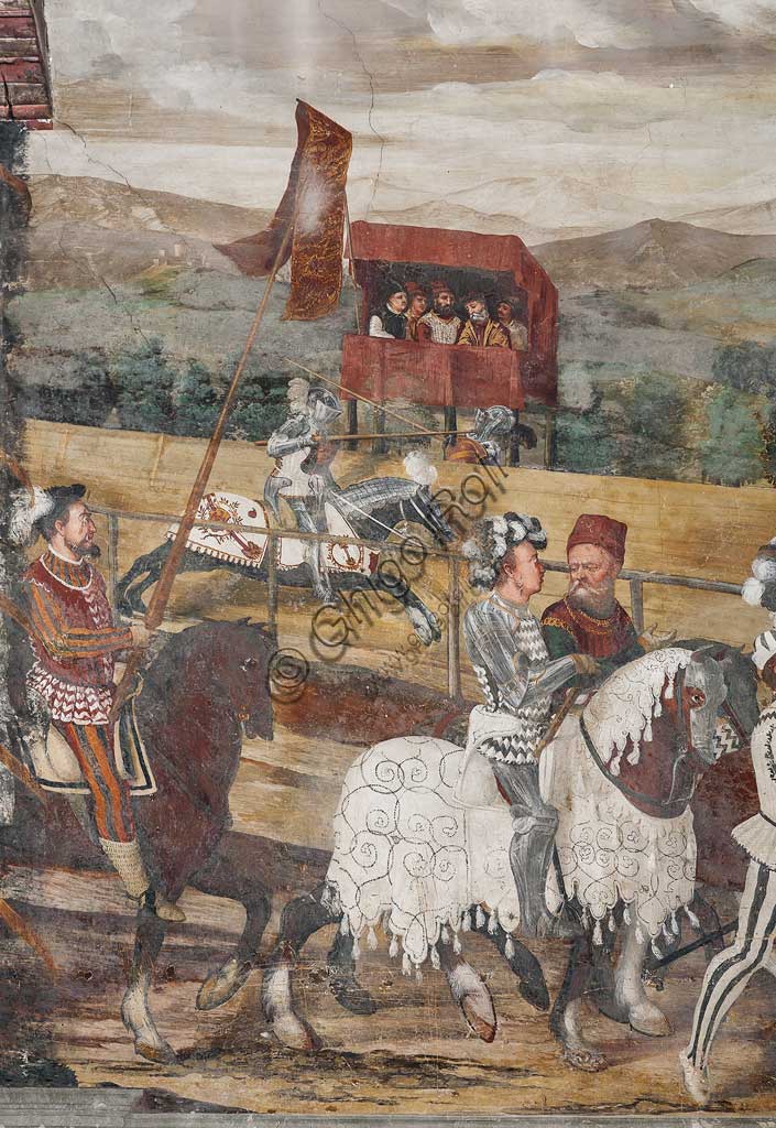 Cavernago, Malpaga Castle or Colleoni Castle, Hall of Honour: cycle of frescoes depicting the visit of Christian I of Denmark to Bartolomeo Colleoni, by Marcello Fogolino, (some historians attribute these frescoes to Romanino), 1474. Detail.