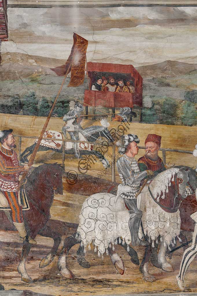 Cavernago, Malpaga Castle or Colleoni Castle, Hall of Honour: cycle of frescoes depicting the visit of Christian I of Denmark to Bartolomeo Colleoni, by Marcello Fogolino, (some historians attribute these frescoes to Romanino), 1474. Detail.