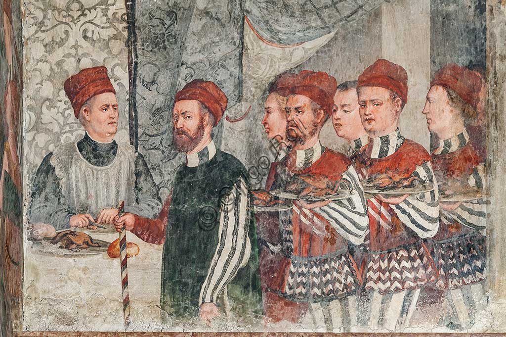 Cavernago, Malpaga Castle or Colleoni Castle, Hall of Honour: cycle of frescoes depicting the visit of Christian I of Denmark to Bartolomeo Colleoni, by Marcello Fogolino, (some historians attribute these frescoes to Romanino), 1474. Detail.