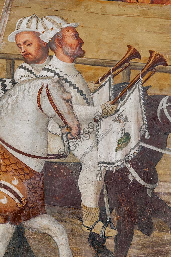 Cavernago, Malpaga Castle or Colleoni Castle, Hall of Honour: cycle of frescoes depicting the visit of Christian I of Denmark to Bartolomeo Colleoni, by Marcello Fogolino, (some historians attribute these frescoes to Romanino), 1474. Detail.