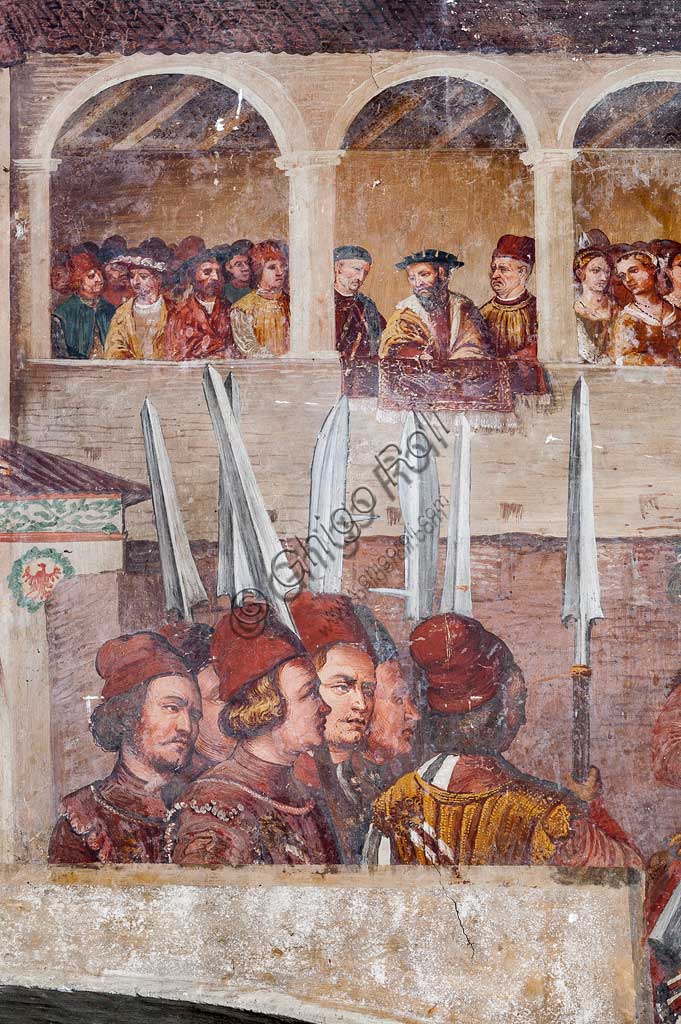 Cavernago, Malpaga Castle or Colleoni Castle, Hall of Honour: cycle of frescoes depicting the visit of Christian I of Denmark to Bartolomeo Colleoni, by Marcello Fogolino, (some historians attribute these frescoes to Romanino), 1474. Detail.