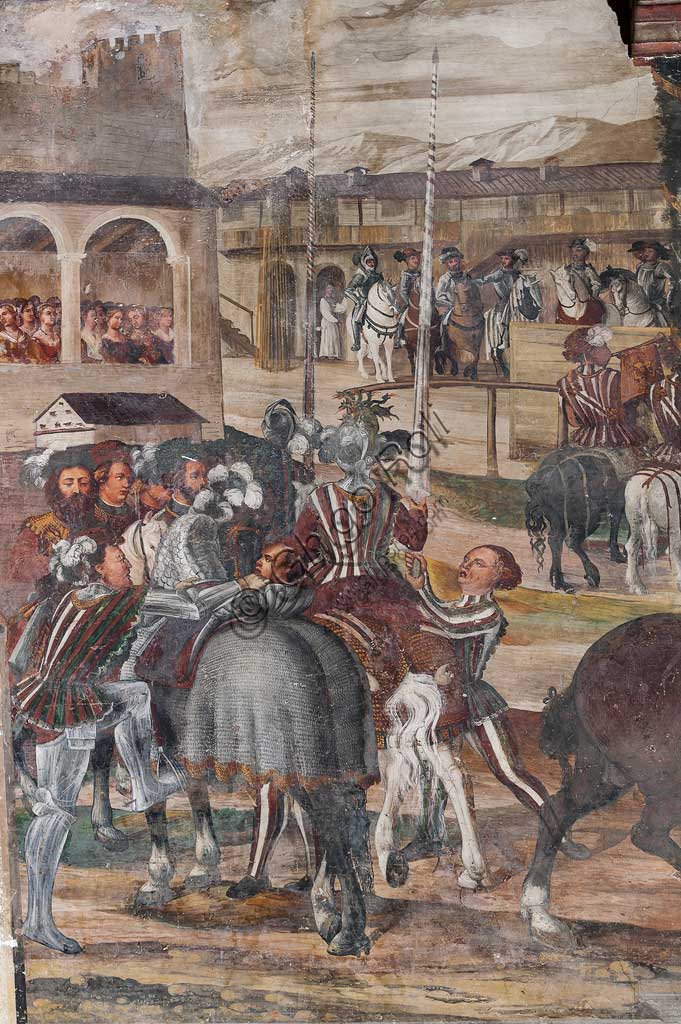 Cavernago, Malpaga Castle or Colleoni Castle, Hall of Honour: cycle of frescoes depicting the visit of Christian I of Denmark to Bartolomeo Colleoni, by Marcello Fogolino, (some historians attribute these frescoes to Romanino), 1474. Detail.