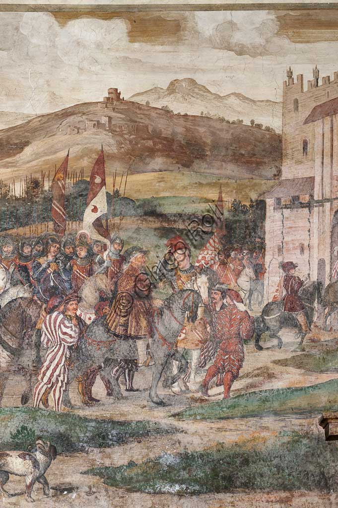 Cavernago, Castello di Malpaga o Castello Colleoni, Salone d'Onore: ciclo di affreschi raffigurante la visita di Cristiano I° di Danimarca a Bartolomeo Colleoni, di Marcello Fogolino, (da alcuni attribuiti al Romanino), 1474 . Particolare.