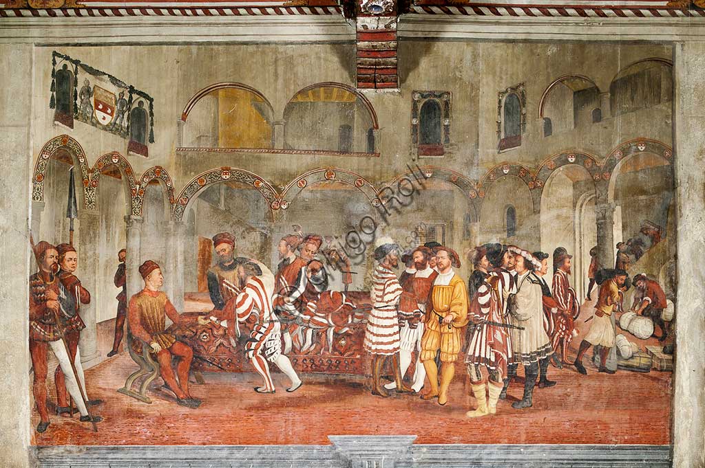 Cavernago, Castello di Malpaga o Castello Colleoni, Salone d'Onore: ciclo di affreschi raffigurante la visita di Cristiano I° di Danimarca a Bartolomeo Colleoni, di Marcello Fogolino, (da alcuni attribuiti al Romanino), 1474 . Particolare.