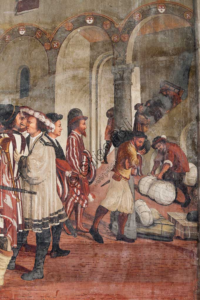 Cavernago, Castello di Malpaga o Castello Colleoni, Salone d'Onore: ciclo di affreschi raffigurante la visita di Cristiano I° di Danimarca a Bartolomeo Colleoni, di Marcello Fogolino, (da alcuni attribuiti al Romanino), 1474 . Particolare.