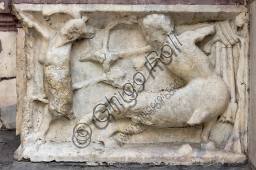 , Genoa, Duomo (St. Lawrence Cathedral), West side, the façade, the left doorway: "Centaur shooting a prey", figured panel of the base decoration.